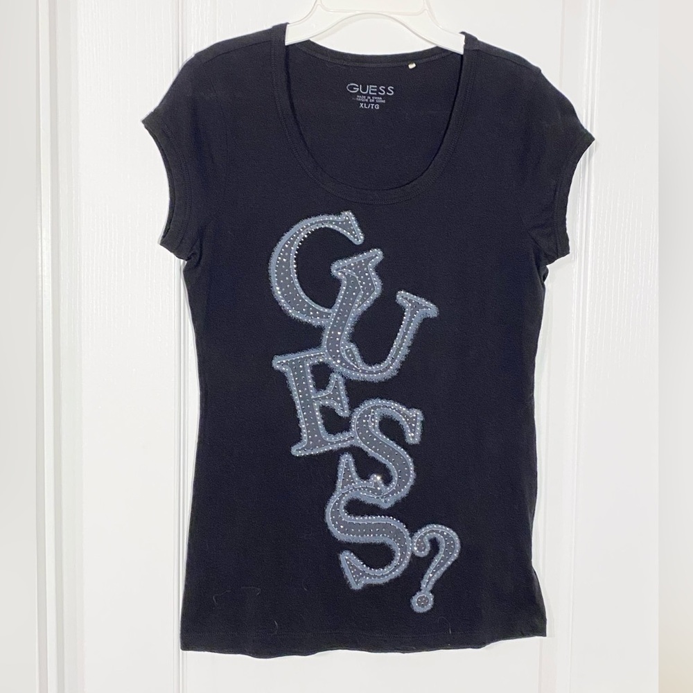 Y2K Guess Crystal Rhinestone Vertical Logo Tee Black Size XL